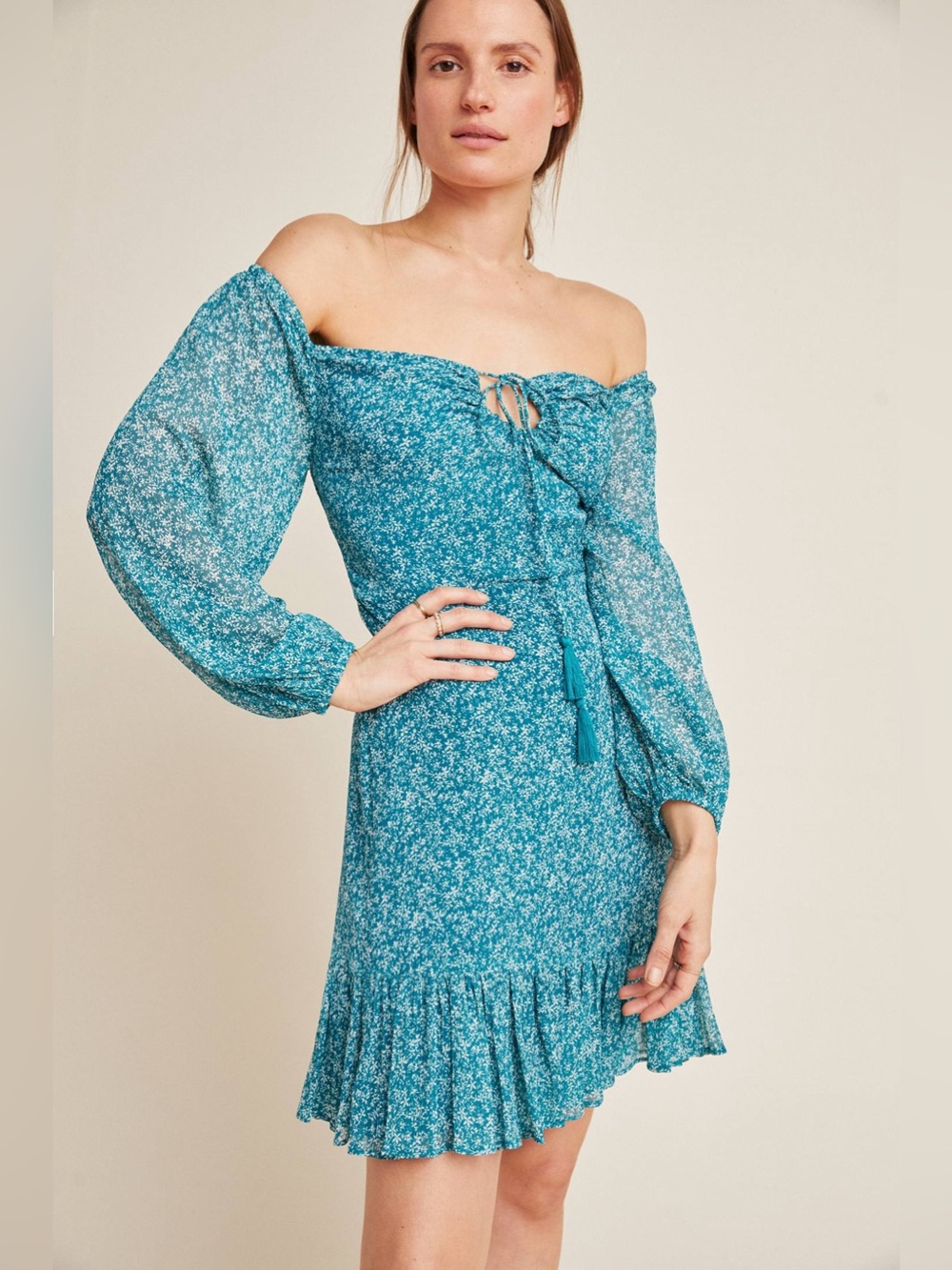 Ranna Gill Anthropologie Blishen Dress Teal Floral with Cut Out